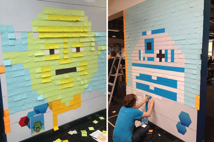 Grupo decorou a parede do escritório fazendo personagens com post-its