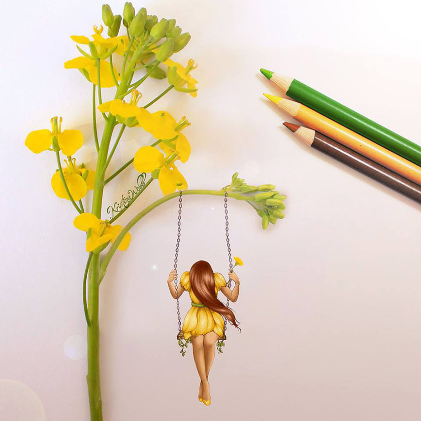 A neozelandesa Kristina Webb, de 12 anos, usa objetos do dia a dia para complementar seus desenhos