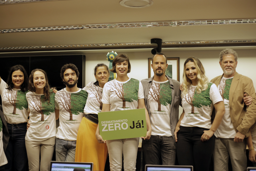 Luísa Lovefoxxx, Caio Blat, Maria Paula, Paulo Vilhena, Valesca Popozuda e membros de entidades ambientais no ato do Greenpeace no Senado