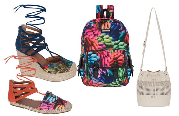 espadrilles estampados (o de salto anabela sai por R$ 189,99 e o de salto baixo por R$ 129,99), mochila (R$ 179,99) e bolsa saco branca (R$ 169,99)