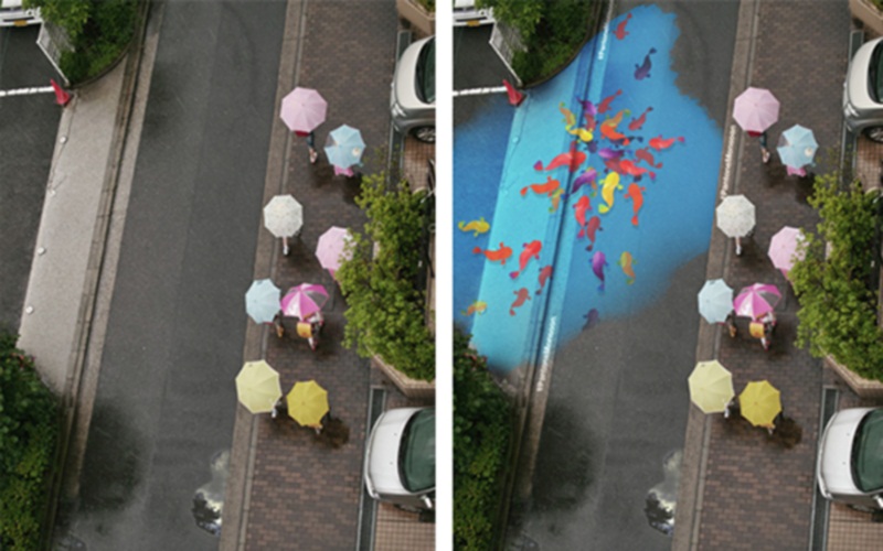 Uma equipe de designers da Escola do Instituto de Artes de Chicago usou tinta hidrocrômica para criar murais em Seul que aparecem apenas quando chove