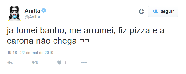  Quando ela fala pizza, tomara que seja a comida mesmo, e não a de suor. Imagina se a Anitta fica esperando carona hoje em dia.