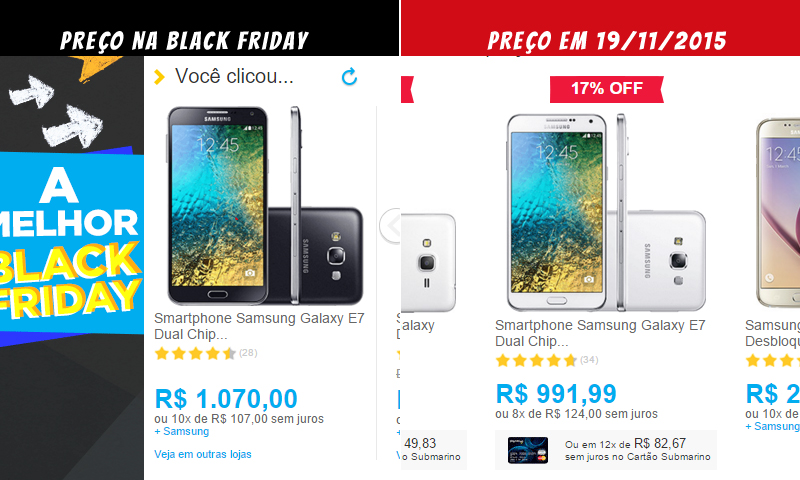 O Galaxy E& estava mais barato antes da Black Friday. Tem aquela história de que a cor influi no preço, mas...