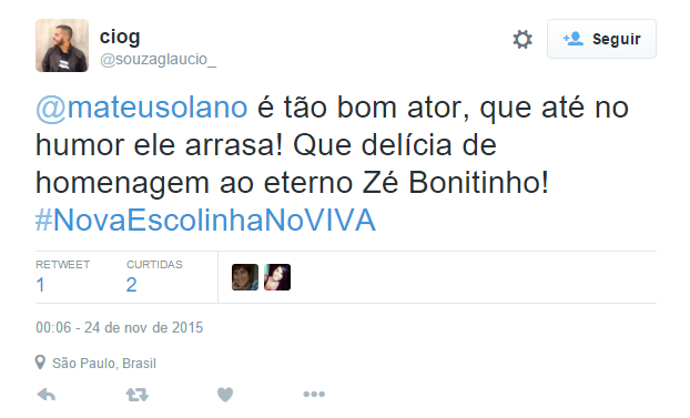 Dando vida ao eterno Zé Bonitinho, personagem de Jorge Loredo, na nova Escolinha do Professor Raimundo, Mateus Solano foi elogiado no Twitter