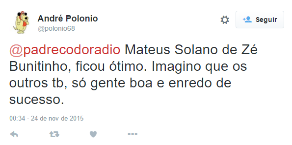 Dando vida ao eterno Zé Bonitinho, personagem de Jorge Loredo, na nova Escolinha do Professor Raimundo, Mateus Solano foi elogiado no Twitter