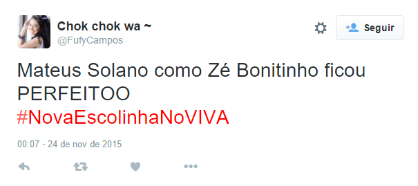 Dando vida ao eterno Zé Bonitinho, personagem de Jorge Loredo, na nova Escolinha do Professor Raimundo, Mateus Solano foi elogiado no Twitter