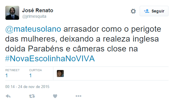 Dando vida ao eterno Zé Bonitinho, personagem de Jorge Loredo, na nova Escolinha do Professor Raimundo, Mateus Solano foi elogiado no Twitter