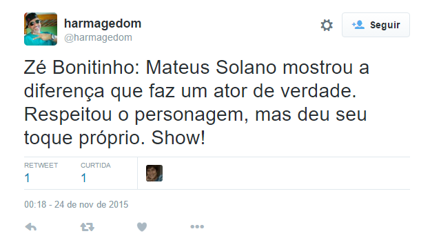 Dando vida ao eterno Zé Bonitinho, personagem de Jorge Loredo, na nova Escolinha do Professor Raimundo, Mateus Solano foi elogiado no Twitter