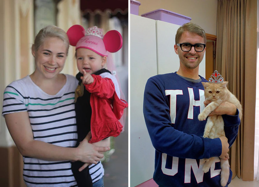 Gordy Yates tirou fotos com gato para recriar imagens de sua irmã com filhos