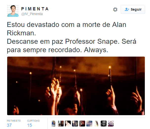 O ator britânico Alan Rickman morreu aos 69 anos após enfrentar um câncer, de acordo com o jornal The Guardian. Ele fez sucesso em diversos filmes, como Duro de Matar, como o vilão Hans Gruber, e Sweeney Todd. No entanto, o papel que lhe deu grande destaque e o fez ser sucesso principalmente entre adolescentes foi o de Severus Snape, o professor da saga Harry Potter.