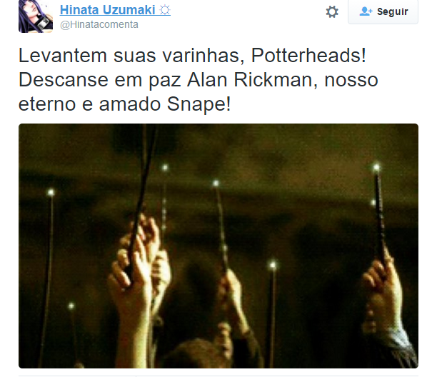 O ator britânico Alan Rickman morreu aos 69 anos após enfrentar um câncer, de acordo com o jornal The Guardian. Ele fez sucesso em diversos filmes, como Duro de Matar, como o vilão Hans Gruber, e Sweeney Todd. No entanto, o papel que lhe deu grande destaque e o fez ser sucesso principalmente entre adolescentes foi o de Severus Snape, o professor da saga Harry Potter.