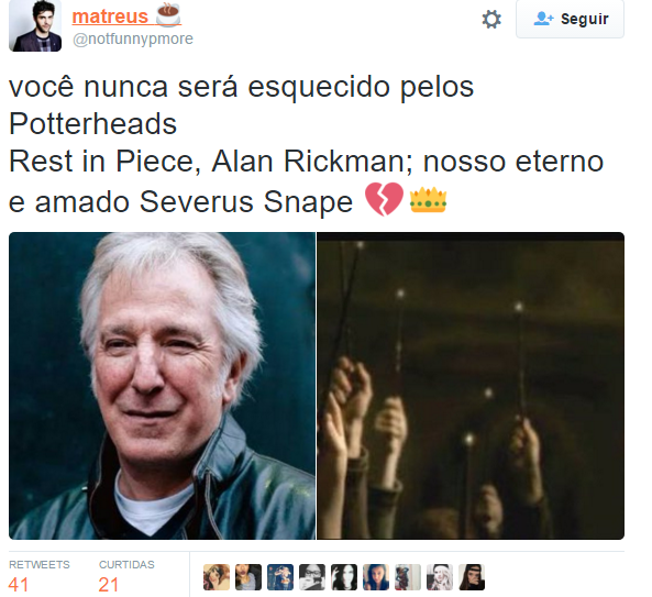 O ator britânico Alan Rickman morreu aos 69 anos após enfrentar um câncer, de acordo com o jornal The Guardian. Ele fez sucesso em diversos filmes, como Duro de Matar, como o vilão Hans Gruber, e Sweeney Todd. No entanto, o papel que lhe deu grande destaque e o fez ser sucesso principalmente entre adolescentes foi o de Severus Snape, o professor da saga Harry Potter.