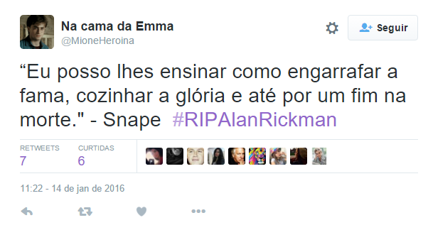 O ator britânico Alan Rickman morreu aos 69 anos após enfrentar um câncer, de acordo com o jornal The Guardian. Ele fez sucesso em diversos filmes, como Duro de Matar, como o vilão Hans Gruber, e Sweeney Todd. No entanto, o papel que lhe deu grande destaque e o fez ser sucesso principalmente entre adolescentes foi o de Severus Snape, o professor da saga Harry Potter.