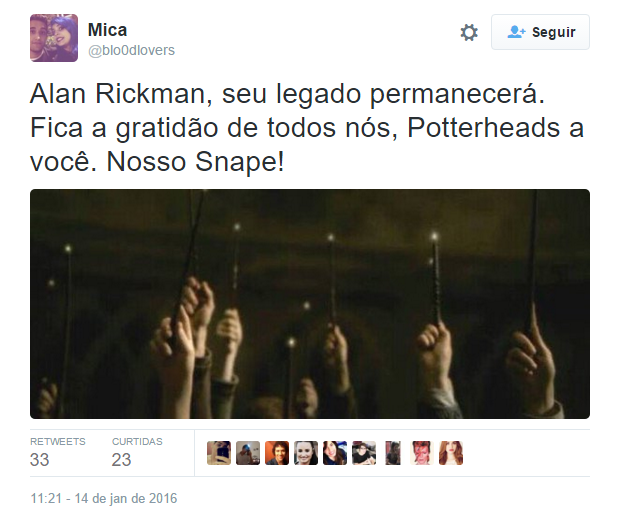 O ator britânico Alan Rickman morreu aos 69 anos após enfrentar um câncer, de acordo com o jornal The Guardian. Ele fez sucesso em diversos filmes, como Duro de Matar, como o vilão Hans Gruber, e Sweeney Todd. No entanto, o papel que lhe deu grande destaque e o fez ser sucesso principalmente entre adolescentes foi o de Severus Snape, o professor da saga Harry Potter.