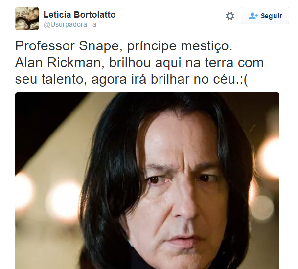 O ator britânico Alan Rickman morreu aos 69 anos após enfrentar um câncer, de acordo com o jornal The Guardian. Ele fez sucesso em diversos filmes, como Duro de Matar, como o vilão Hans Gruber, e Sweeney Todd. No entanto, o papel que lhe deu grande destaque e o fez ser sucesso principalmente entre adolescentes foi o de Severus Snape, o professor da saga Harry Potter.