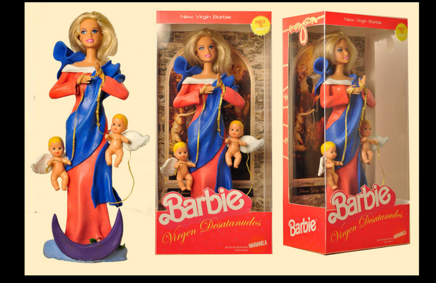 Os artistas Marianela Perelli e Emiliano Paolini transformaram os bonecos Ken e Barbie em figuras religiosas