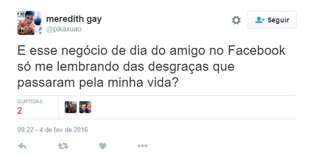 Pra começar, a data do verdadeiro Dia do Amigo no Brasil é considerada como 20 de julho, enquanto o Dia Internacional da Amizade é no dia 30 de Julho. O Facebook comemora nesta quinta-feira (4) seus 12 anos de existência, e por isso fez um vídeo automático em que busca alguns de seus principais amigos e compila alguns momentos marcantes da sua timeline. É claro que por ser automático, o vídeo nem sempre funciona do jeito esperado e algumas pessoas reclamaram no Twitter.