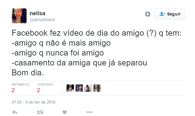 Pra começar, a data do verdadeiro Dia do Amigo no Brasil é considerada como 20 de julho, enquanto o Dia Internacional da Amizade é no dia 30 de Julho. O Facebook comemora nesta quinta-feira (4) seus 12 anos de existência, e por isso fez um vídeo automático em que busca alguns de seus principais amigos e compila alguns momentos marcantes da sua timeline. É claro que por ser automático, o vídeo nem sempre funciona do jeito esperado e algumas pessoas reclamaram no Twitter.