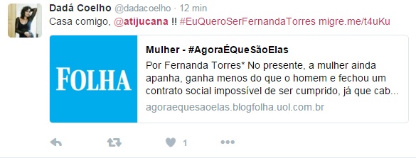 A semana ainda nem começou direito e um texto de autoria de Fernanda Torres no #AgoraÉQueSãoElas, blog do jornal Folha de S.Paulo, já causou polêmica e agitou as redes sociais. Na coluna, a atriz e escritora afirma que