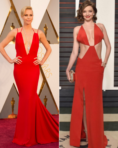 Charlize Theron e Miranda Kerr: o vermelho poderoso e recortes estratégicos foram a escolha da atriz e da modelo