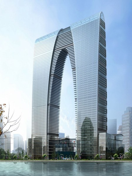 O Gate of the Orient fica em Suzhou, foi inaugurado em 2014 e é comparado a um par de calças
