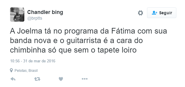 Joelma se apresentou no programa Encontro, de Fátima Bernardes, na manhã desta quinta-feira (31). A cantora mostrou seu projeto solo após a separação com o guitarrista e ex-marido Chimbinha. Com olhares atentos, internautas apontaram que o novo músico que a acompanha seria parecido com o seu ex. Você concorda?  No Twitter, os comentários bombaram apontando a semelhança entre os dois.