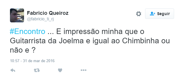 Joelma se apresentou no programa Encontro, de Fátima Bernardes, na manhã desta quinta-feira (31). A cantora mostrou seu projeto solo após a separação com o guitarrista e ex-marido Chimbinha. Com olhares atentos, internautas apontaram que o novo músico que a acompanha seria parecido com o seu ex. Você concorda?  No Twitter, os comentários bombaram apontando a semelhança entre os dois.