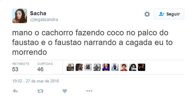 O Domingão do Faustão, da TV Globo, mostrou nesse domingo o quadro Cachorrada e a Criançada. O segmento é simples: crianças ensinam truques ao seus bichinhos e estimação, que os reproduzem ao vivo no palco. Reunindo dois dos elementos mais imprevisíveis do mundo - cães e crianças -, o programa tinha tudo para ter alguma gafe ao vivo, o que pareceu divertir mais o apresentador do que os truques bem executados.  O ápice da atração com certeza veio com a jovem adestradora Luana Mábile e seu cão, Guli, o maior personagem do domingo da TV brasileira. Depois de executar bem a primeira tarefa, o cãozinho se distraiu com os alimentos, colocados propositalmente entre as provas. Depois disso, ficou empolgado e saiu rodopiando pelo palco, até chegar próximo do apresentador, onde pausou sua agitação para soltar um cocô em rede nacional.  Enquanto Faustão se divertia e narrava a cena, a pobre menininha se desesperava sob os olhares das bailarinas enojadas. 