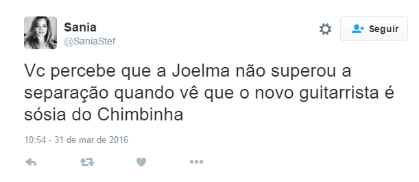 Joelma se apresentou no programa Encontro, de Fátima Bernardes, na manhã desta quinta-feira (31). A cantora mostrou seu projeto solo após a separação com o guitarrista e ex-marido Chimbinha. Com olhares atentos, internautas apontaram que o novo músico que a acompanha seria parecido com o seu ex. Você concorda?  No Twitter, os comentários bombaram apontando a semelhança entre os dois.