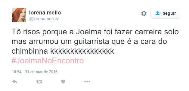 Joelma se apresentou no programa Encontro, de Fátima Bernardes, na manhã desta quinta-feira (31). A cantora mostrou seu projeto solo após a separação com o guitarrista e ex-marido Chimbinha. Com olhares atentos, internautas apontaram que o novo músico que a acompanha seria parecido com o seu ex. Você concorda?  No Twitter, os comentários bombaram apontando a semelhança entre os dois.