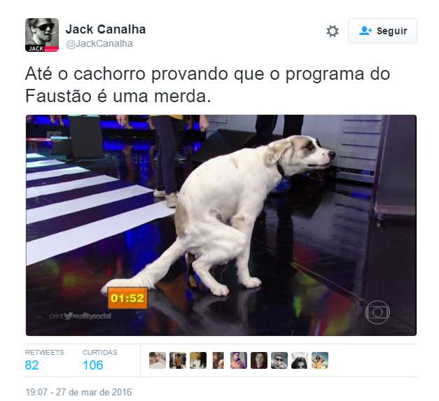 O Domingão do Faustão, da TV Globo, mostrou nesse domingo o quadro Cachorrada e a Criançada. O segmento é simples: crianças ensinam truques ao seus bichinhos e estimação, que os reproduzem ao vivo no palco. Reunindo dois dos elementos mais imprevisíveis do mundo - cães e crianças -, o programa tinha tudo para ter alguma gafe ao vivo, o que pareceu divertir mais o apresentador do que os truques bem executados.  O ápice da atração com certeza veio com a jovem adestradora Luana Mábile e seu cão, Guli, o maior personagem do domingo da TV brasileira. Depois de executar bem a primeira tarefa, o cãozinho se distraiu com os alimentos, colocados propositalmente entre as provas. Depois disso, ficou empolgado e saiu rodopiando pelo palco, até chegar próximo do apresentador, onde pausou sua agitação para soltar um cocô em rede nacional.  Enquanto Faustão se divertia e narrava a cena, a pobre menininha se desesperava sob os olhares das bailarinas enojadas. 