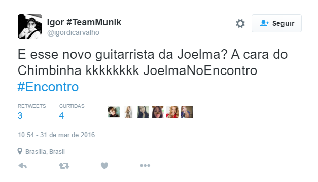 Joelma se apresentou no programa Encontro, de Fátima Bernardes, na manhã desta quinta-feira (31). A cantora mostrou seu projeto solo após a separação com o guitarrista e ex-marido Chimbinha. Com olhares atentos, internautas apontaram que o novo músico que a acompanha seria parecido com o seu ex. Você concorda?  No Twitter, os comentários bombaram apontando a semelhança entre os dois.