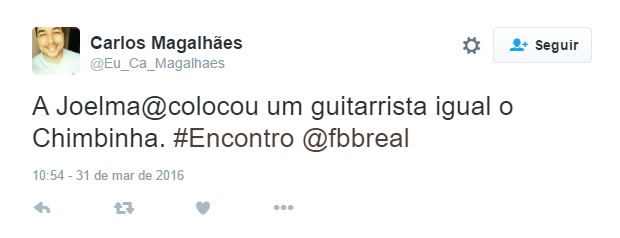 Joelma se apresentou no programa Encontro, de Fátima Bernardes, na manhã desta quinta-feira (31). A cantora mostrou seu projeto solo após a separação com o guitarrista e ex-marido Chimbinha. Com olhares atentos, internautas apontaram que o novo músico que a acompanha seria parecido com o seu ex. Você concorda?  No Twitter, os comentários bombaram apontando a semelhança entre os dois.