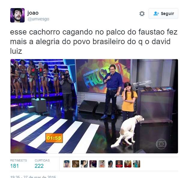 O Domingão do Faustão, da TV Globo, mostrou nesse domingo o quadro Cachorrada e a Criançada. O segmento é simples: crianças ensinam truques ao seus bichinhos e estimação, que os reproduzem ao vivo no palco. Reunindo dois dos elementos mais imprevisíveis do mundo - cães e crianças -, o programa tinha tudo para ter alguma gafe ao vivo, o que pareceu divertir mais o apresentador do que os truques bem executados.  O ápice da atração com certeza veio com a jovem adestradora Luana Mábile e seu cão, Guli, o maior personagem do domingo da TV brasileira. Depois de executar bem a primeira tarefa, o cãozinho se distraiu com os alimentos, colocados propositalmente entre as provas. Depois disso, ficou empolgado e saiu rodopiando pelo palco, até chegar próximo do apresentador, onde pausou sua agitação para soltar um cocô em rede nacional.  Enquanto Faustão se divertia e narrava a cena, a pobre menininha se desesperava sob os olhares das bailarinas enojadas. 