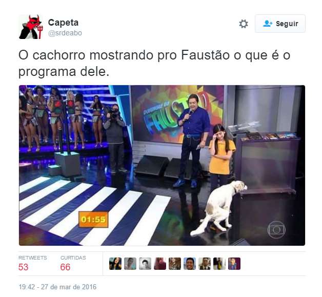 O Domingão do Faustão, da TV Globo, mostrou nesse domingo o quadro Cachorrada e a Criançada. O segmento é simples: crianças ensinam truques ao seus bichinhos e estimação, que os reproduzem ao vivo no palco. Reunindo dois dos elementos mais imprevisíveis do mundo - cães e crianças -, o programa tinha tudo para ter alguma gafe ao vivo, o que pareceu divertir mais o apresentador do que os truques bem executados.  O ápice da atração com certeza veio com a jovem adestradora Luana Mábile e seu cão, Guli, o maior personagem do domingo da TV brasileira. Depois de executar bem a primeira tarefa, o cãozinho se distraiu com os alimentos, colocados propositalmente entre as provas. Depois disso, ficou empolgado e saiu rodopiando pelo palco, até chegar próximo do apresentador, onde pausou sua agitação para soltar um cocô em rede nacional.  Enquanto Faustão se divertia e narrava a cena, a pobre menininha se desesperava sob os olhares das bailarinas enojadas. 