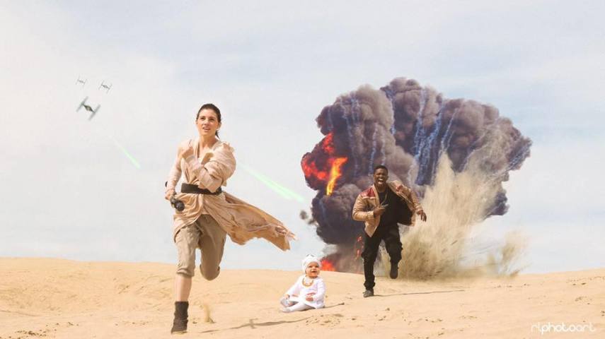 Para quem torceu para a formação deste casal em O Despertar da Força, Victor e Juliane - e a bebê Addie - capricharam em seus cosplays para transformarem Finn e Rey em um par romântico de Star Wars.  O casal, que mora em Utah, vai se casar em maio e decidiu montar este cosplay com um ar mais romântico. A pequena bebê Addie, que faz o robôzinho BB-8, é de um casal de amigos deles.