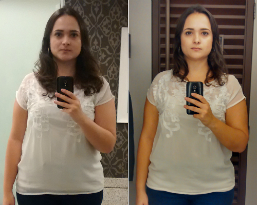 Tem três espelhos com luzes verticais fortes entre eles. Mas o provador é pequeno, então o efeito fica bem desperdiçado