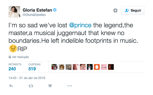 Estou muito triste por perdermos Prince, a lenda, o mestre, um fanático pela música que não conhecia barreiras. Ele deixa pegadas indestrutíveis na música.