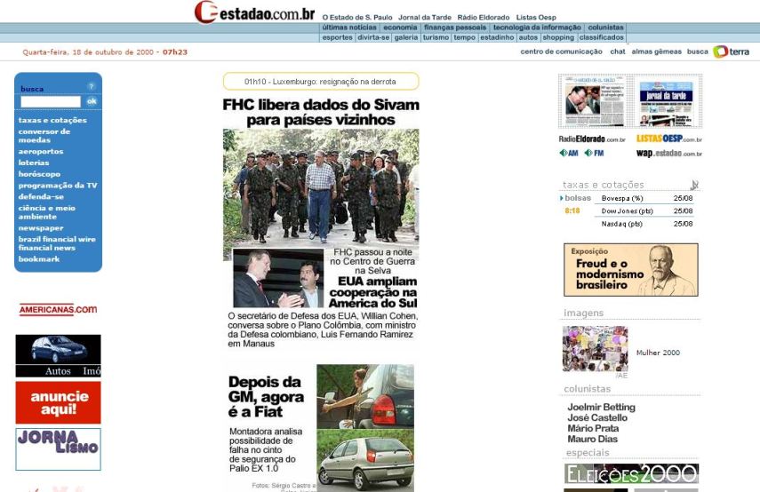 O site do jornal Estadão em outubro de 2000