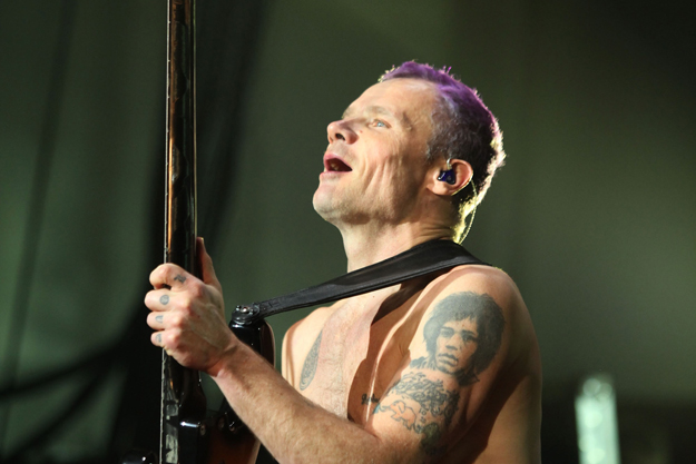 Flea, dos Red Hot Chili Peppers ama tanto Jimi Hendrix que chegou a tatuar o rosto do guitarrista em seu braço. 