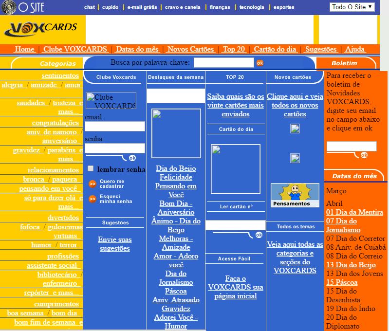 Voxcards era o site perfeito par enviar um cartão para um amigo, chefe, família, etc. Em março de 2001 ele era assim. Não existe mais :/