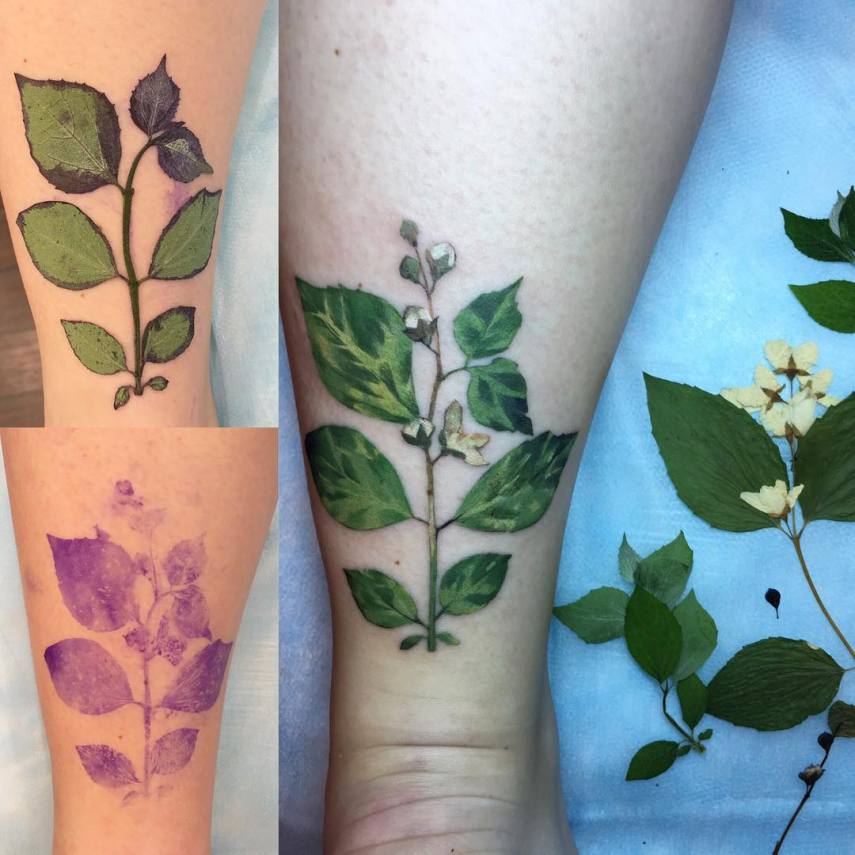 A tatuadora ucraniana Rita “Rit Kit” Zolotukhina aproveita folhas de verdade na hora de fazer o stencil, por isso que a tatuagem fica tão real. Demais, né?