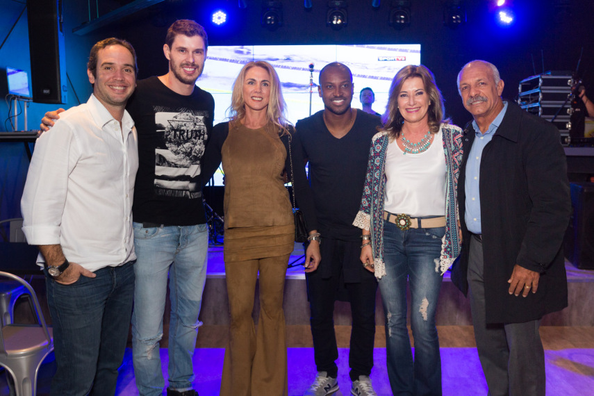 Caio Ribeiro, o jogador de vôlei Bruno, Hortência, Thiaguinho, Silvia Vinhas e o comentarista esportivo Júnior.