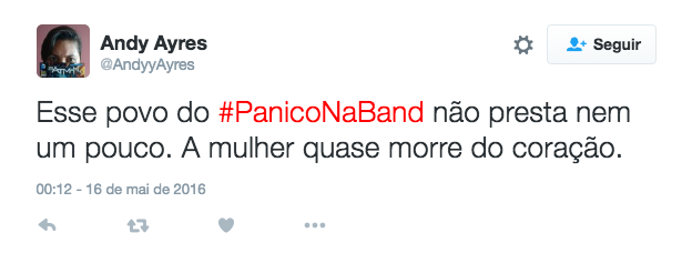 O Pânico na Band fez uma pegadinha com Babi Muniz, panicat que lançou recentemente carreira como funkeira, para marcar seu aniversário. Após sair de um show, ela foi surpreendida em seu camarim pelo seu segurança, que na verdade era um ator fingindo discutir com sua suposta esposa ao telefone que dizia tê-lo traído.  Ao presenciar a discussão, ela se assusta, principalmente quando homem saca uma arma e diz que vai se matar. Babi tenta intervir e convencer o rapaz a não fazer nada, chegando até a se oferecer para conversar com sua mulher ao celular.  O ator então puxa o gatilho e com efeitos especiais, chega a deixar um rastro de sangue na parede. Trancada no camarim, ela se desespera e pede por ajuda, até que a equipe do Pânico entra no cômodo e fala sobre a brincadeira. Nitidamente constrangida, ela demora a aceitar a pegadinha.  No Twitter, alguns internautas criticaram o exagero da atração ao mostrar uma simulação tão intensa e outros alegaram ser uma atuação falsa.  O que você achou?