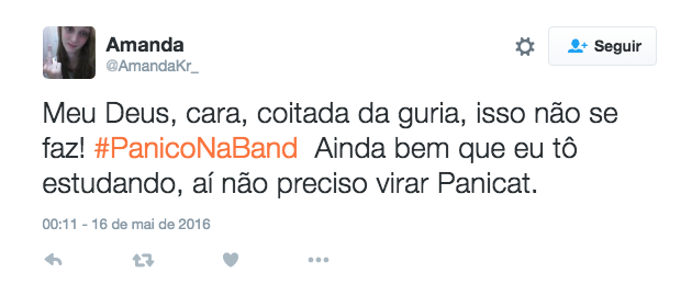 O Pânico na Band fez uma pegadinha com Babi Muniz, panicat que lançou recentemente carreira como funkeira, para marcar seu aniversário. Após sair de um show, ela foi surpreendida em seu camarim pelo seu segurança, que na verdade era um ator fingindo discutir com sua suposta esposa ao telefone que dizia tê-lo traído.  Ao presenciar a discussão, ela se assusta, principalmente quando homem saca uma arma e diz que vai se matar. Babi tenta intervir e convencer o rapaz a não fazer nada, chegando até a se oferecer para conversar com sua mulher ao celular.  O ator então puxa o gatilho e com efeitos especiais, chega a deixar um rastro de sangue na parede. Trancada no camarim, ela se desespera e pede por ajuda, até que a equipe do Pânico entra no cômodo e fala sobre a brincadeira. Nitidamente constrangida, ela demora a aceitar a pegadinha.  No Twitter, alguns internautas criticaram o exagero da atração ao mostrar uma simulação tão intensa e outros alegaram ser uma atuação falsa.  O que você achou?