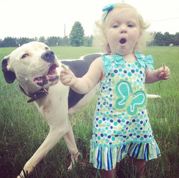 Na mesma época em que Eisleigh nasceu, sua pitbull Clyde também chegou à casa da família. Elas estão crescendo juntas e são a dupla mais fofa do dia