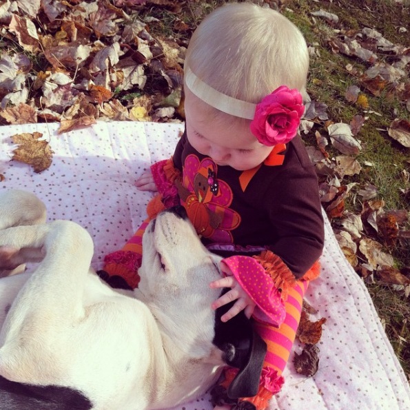 Na mesma época em que Eisleigh nasceu, sua pitbull Clyde também chegou à casa da família. Elas estão crescendo juntas e são a dupla mais fofa do dia