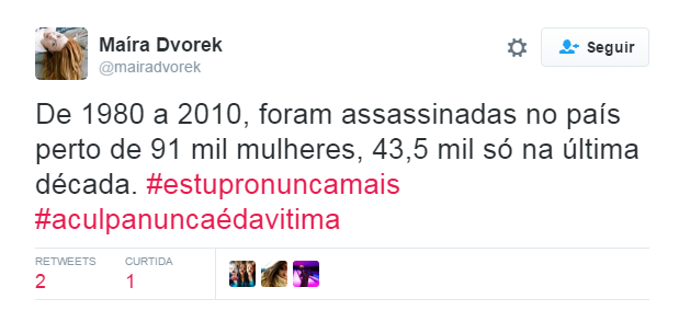 Depois do caso chocante da adolescente de 16 anos estuprada por 33 homens no Rio de Janeiro e o posicionamento machista da justiça e de parte da população, a internet se uniu contra a terrível cultura do estupro no Brasil com a hashtag #ACulpaNuncaÉDaVítima. Clubes esportivos, a atriz americana Emma Watson, a página brasileira da série Gilmore Girls, além de centenas de anônimos se manifestaram sobre o assunto. 