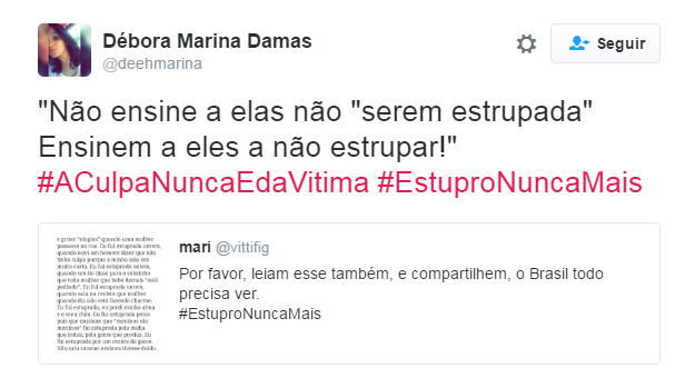 Depois do caso chocante da adolescente de 16 anos estuprada por 33 homens no Rio de Janeiro e o posicionamento machista da justiça e de parte da população, a internet se uniu contra a terrível cultura do estupro no Brasil com a hashtag #ACulpaNuncaÉDaVítima. Clubes esportivos, a atriz americana Emma Watson, a página brasileira da série Gilmore Girls, além de centenas de anônimos se manifestaram sobre o assunto. 