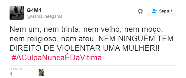 Depois do caso chocante da adolescente de 16 anos estuprada por 33 homens no Rio de Janeiro e o posicionamento machista da justiça e de parte da população, a internet se uniu contra a terrível cultura do estupro no Brasil com a hashtag #ACulpaNuncaÉDaVítima. Clubes esportivos, a atriz americana Emma Watson, a página brasileira da série Gilmore Girls, além de centenas de anônimos se manifestaram sobre o assunto. 